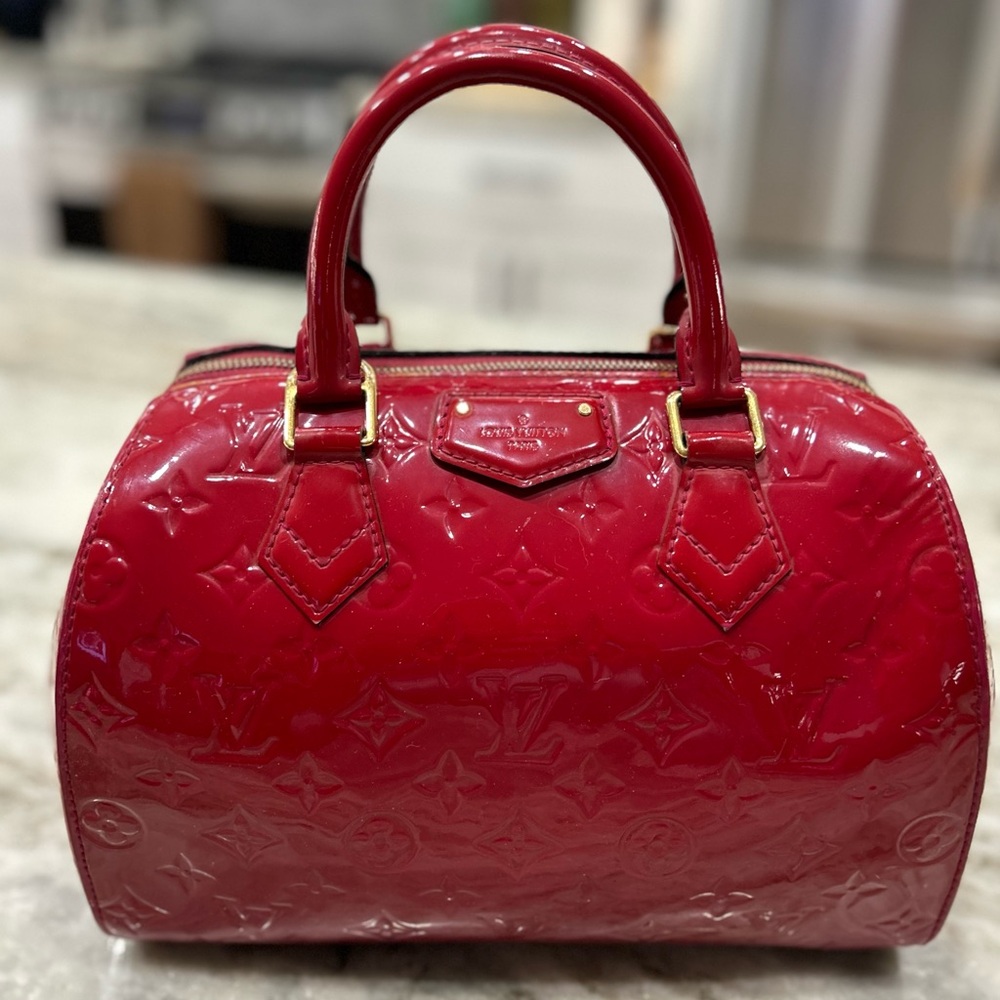 Louis Vuitton Authentic Red Vernis Leather Boston Bag With Gold Hardware